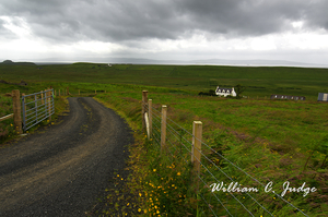 crofter, fence, field, flowers, highlands, isle, meadows, ominous clouds, path, road, scene, scotlan